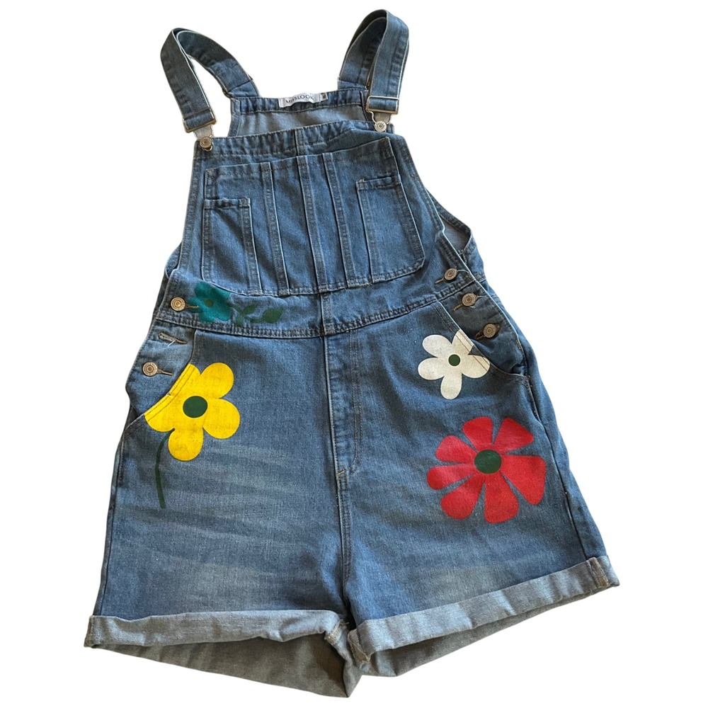 Misslook Denim Floral Overalls Women Medium Blue Flower Print Shortalls